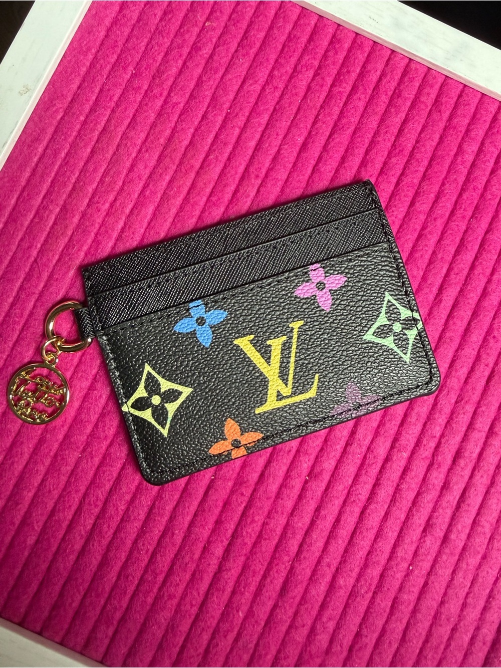 Brand new Black Multicolor Monogram Card Holder with Gold Charm